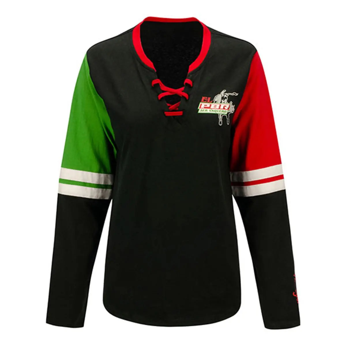 Pbr X Wrangler Ladies "El Pbr" Long Sleeve T-Shirt - Black, Red, And Green 1