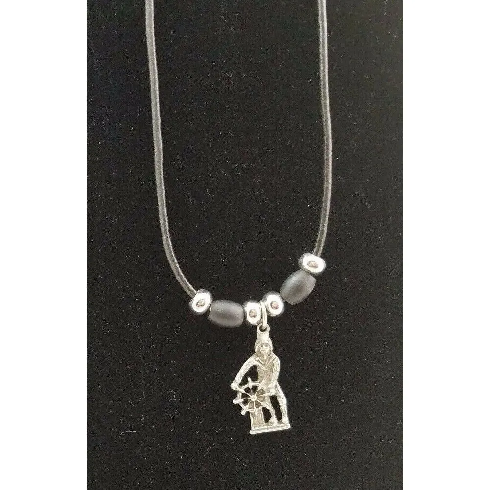 Old Man Of The Sea Pewter Silver Black Rope Bead Necklace Pendant Charm Souvenir 1