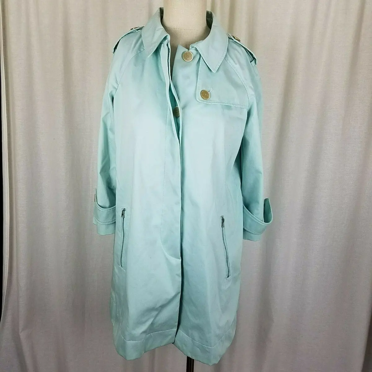 Talbots Petites Swing Rain Trench Coat Womens Ps Placket Front Light Spring Blue 1