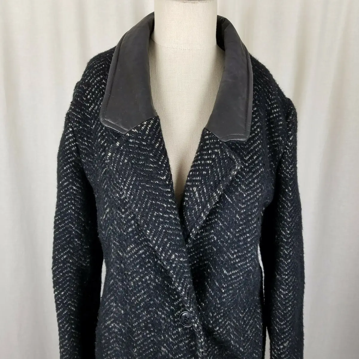 Vintage Black Mottled Wool Leather Trim Herringbone Tweed Peacoat Coat Womens 7 2