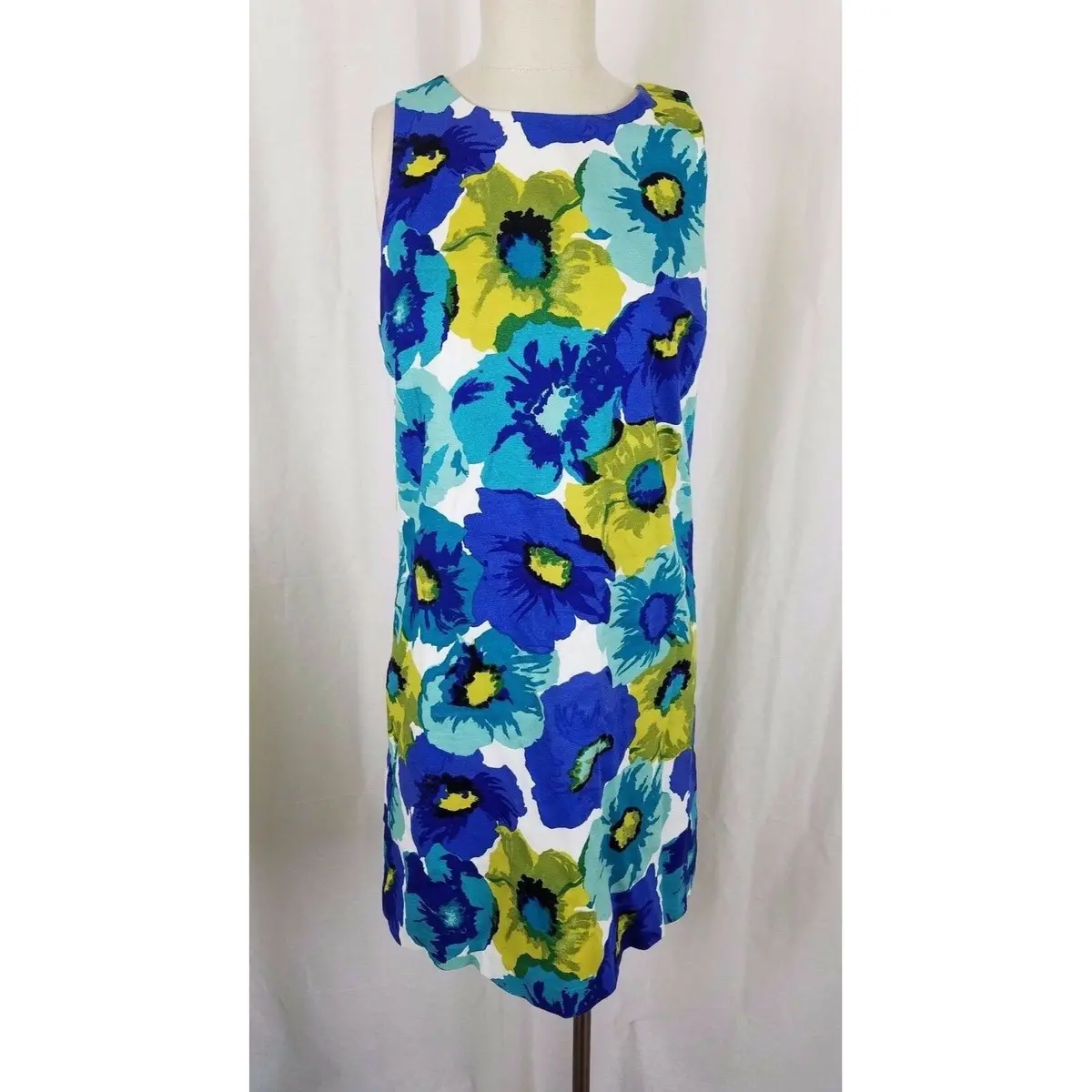 Ann Taylor Loft Garden Party Floral Dress Womens 8 Barkcloth Woven Hawaiian Blue 1
