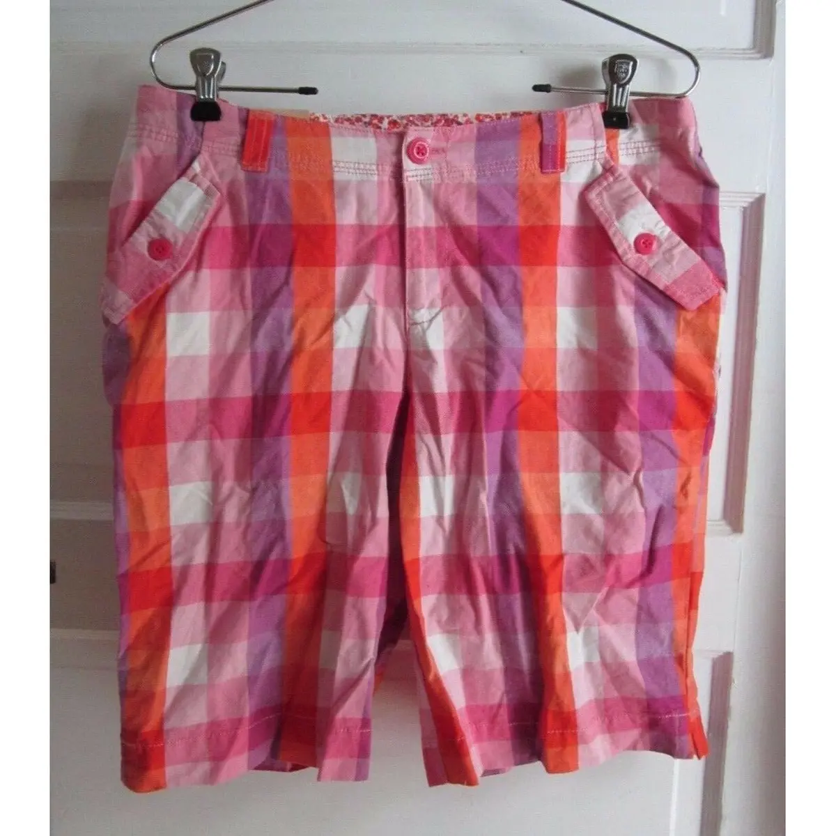 Nwt Arizona Bermuda Shorts Adjustable Waist Pink Buffalo Plaid Girls 16.5 Plus 1