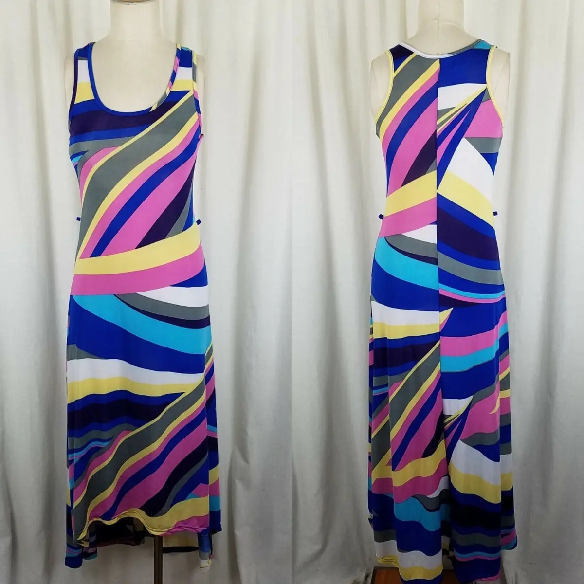 True Rock Hi Lo Psychedelic Stretch Jersey Knit Maxi Dress Womens S Assymetrical 1