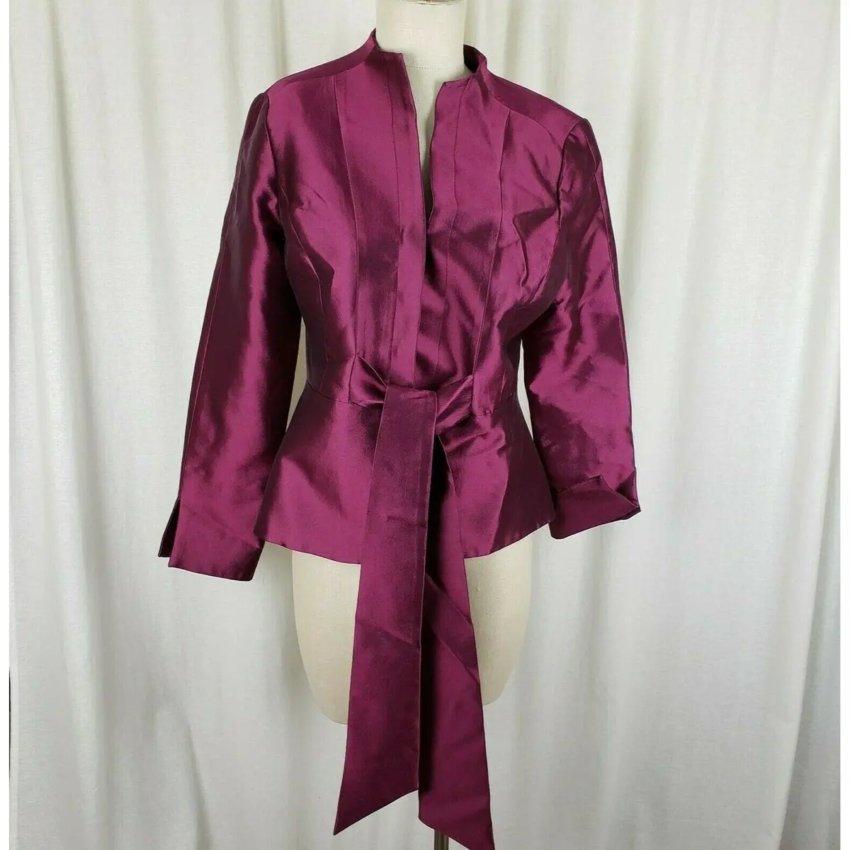 Chetta B. Wool Silk Fuchsia Metallic Tie Waist Jacket Blazer Shimmer Womens 10 1