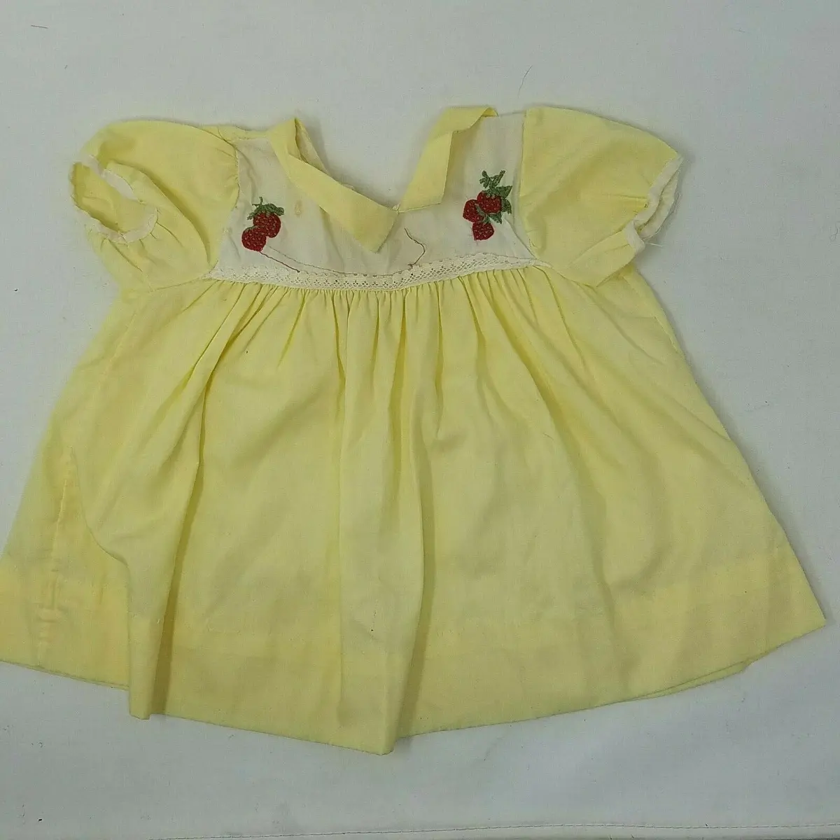 Vintage Yellow Embroidered Strawberry Bibbed Twirl Tie Dress Baby Girls 6 Months 1
