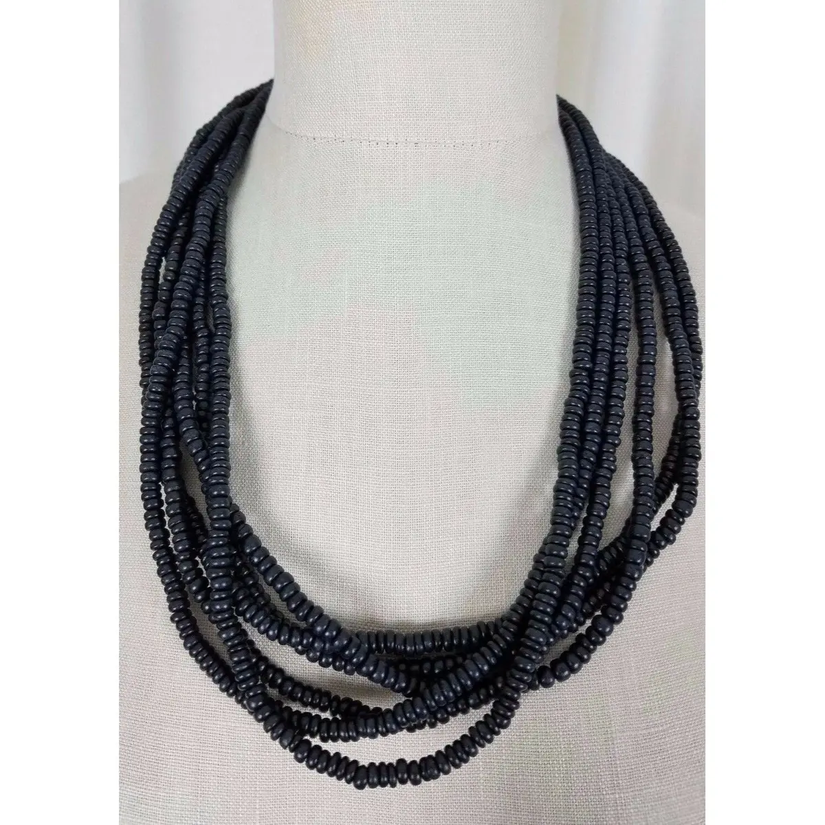 Multistring 6 Strand Black Faux Puka Bead Look Beaded Necklace Contemporary 1