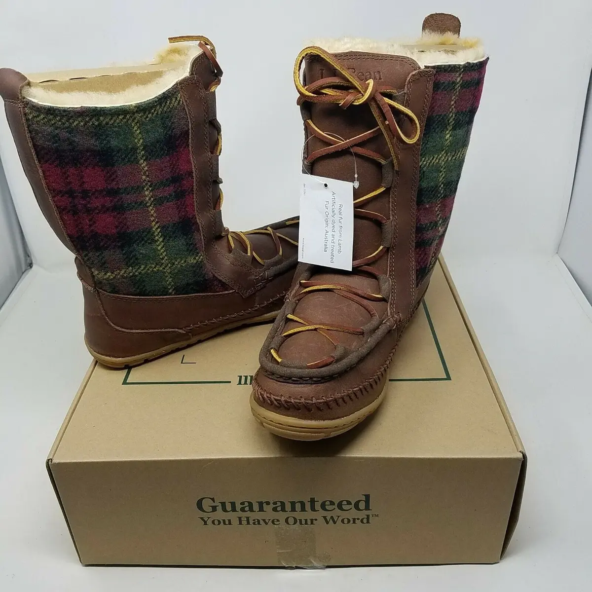 Ll Bean Wicked Good Lodge Boots Shearling Wool Plaid Leather Snow Tall Womens 8 1