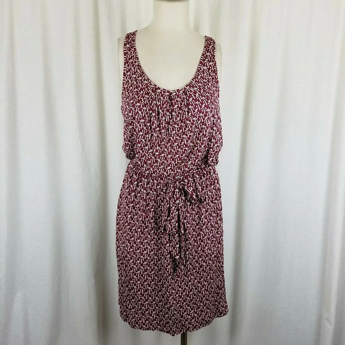 Ann Taylor Loft Blouson Scoop Neck Tie Waist Summer Dress Womens M Brick Red 1