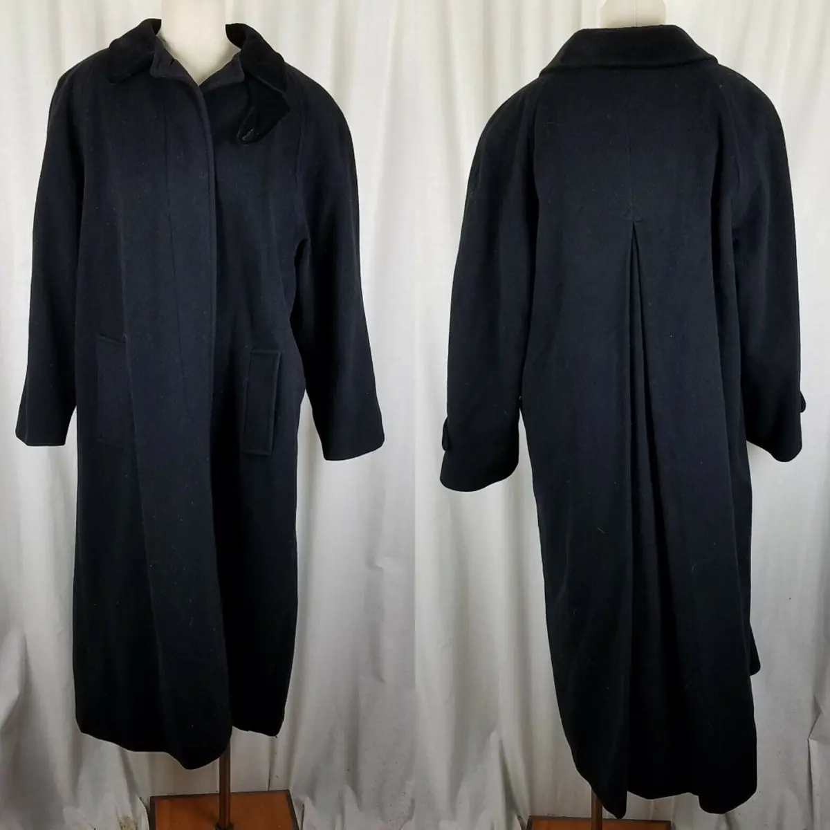 Larry Levine Black Cashmere Wool Long Maxi Swing Peacoat Womens 12 Velvet Collar 1
