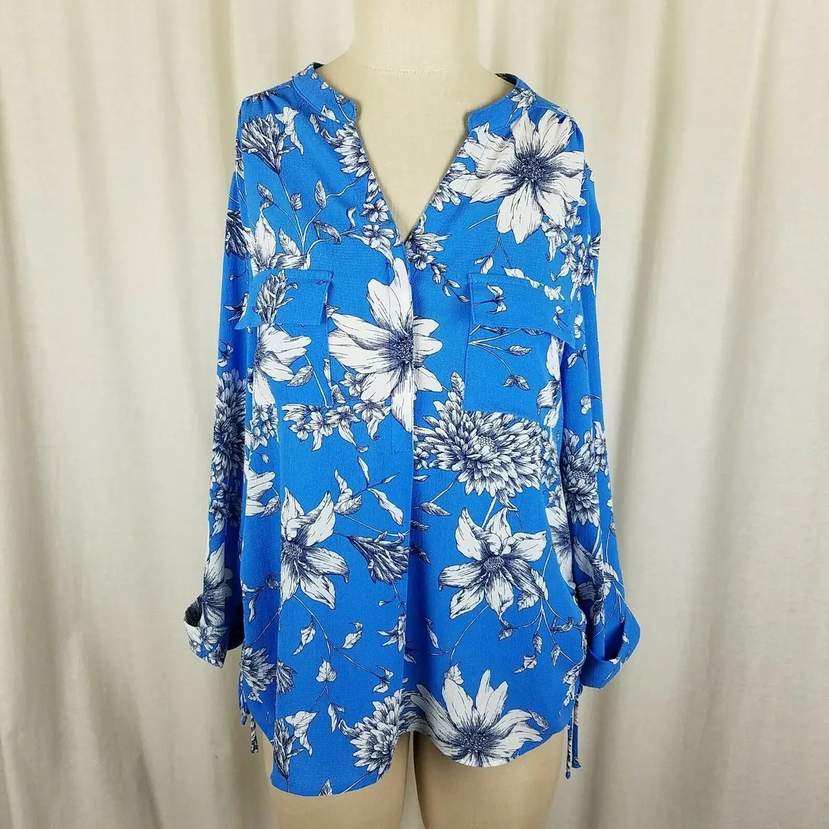 Poppi Blue 3/4 Sleeve Cinch Side Top Tunic Blouse Womens Xl Large Floral Print 1