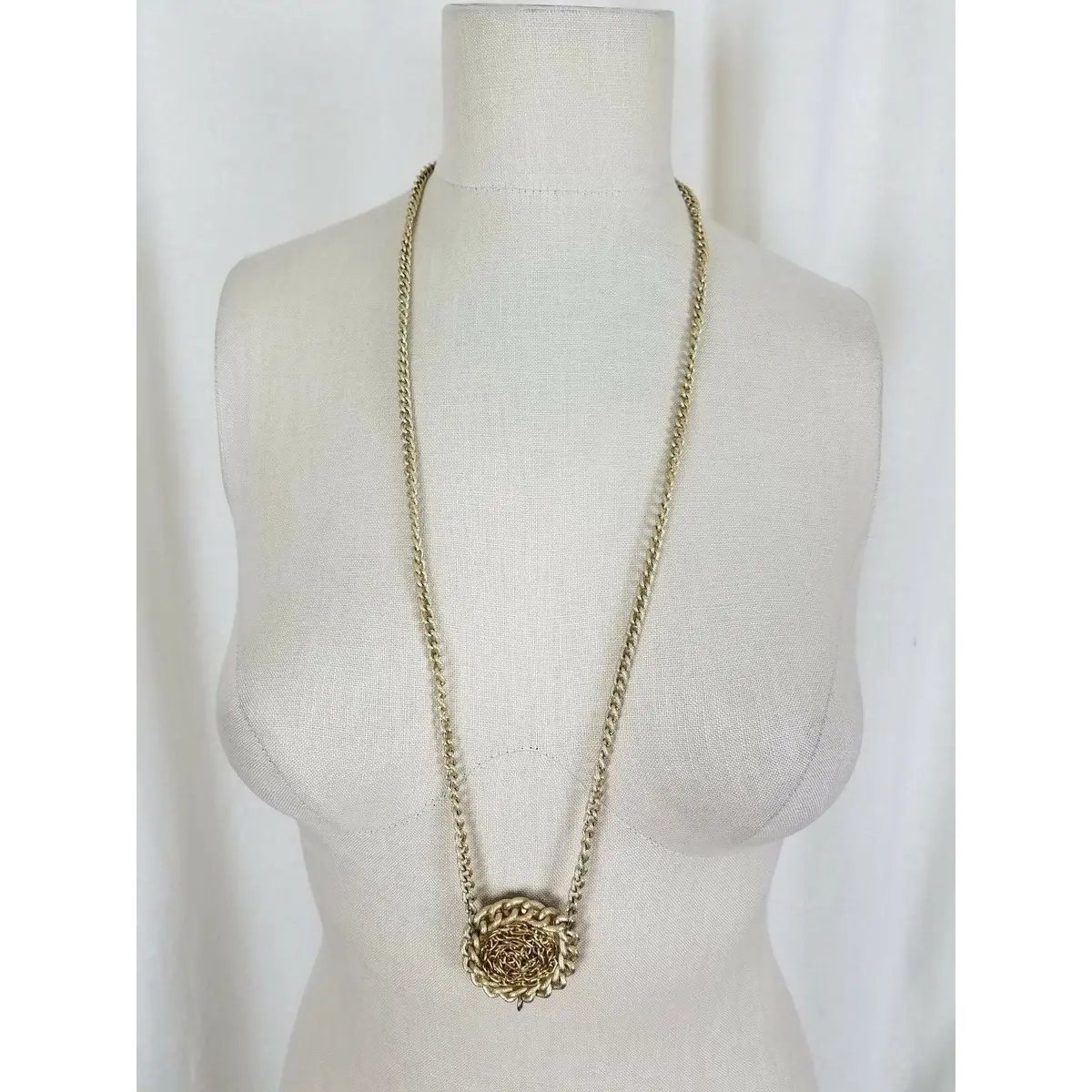 Braided Gold Rope Length Chain Circle Medallion Necklace Statement Piece 1