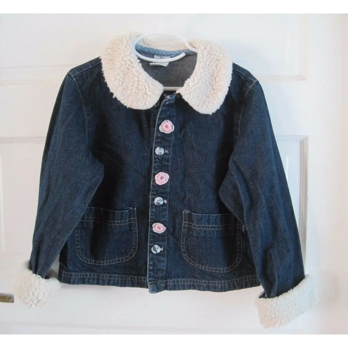 Baby Guess Faux Shearling Trim Embellished Denim Blue Jean Jacket Girls L 4 5 1
