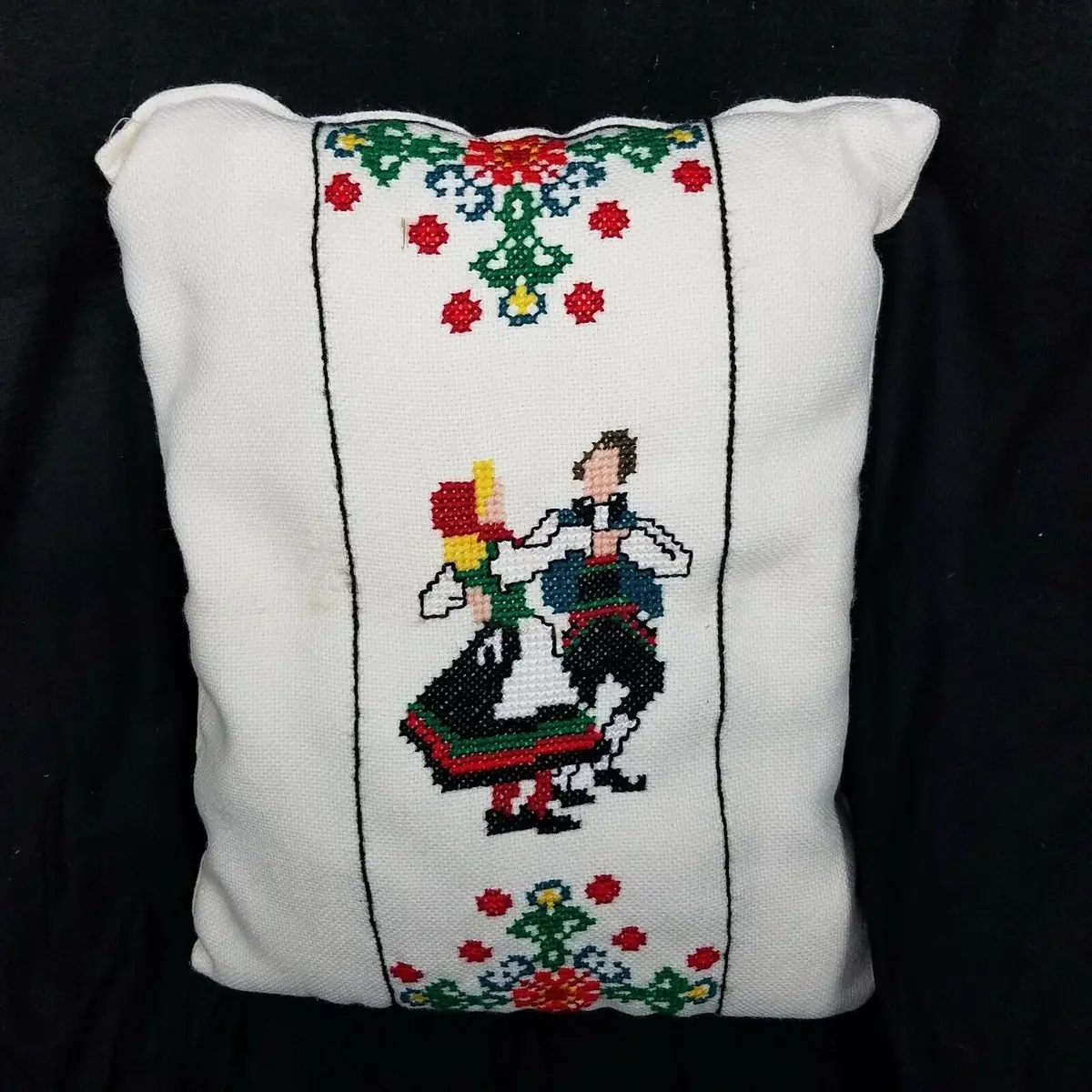 Vintage Pennsylvania Dutch Throw Pillow Needlepoint Crewel Cross Stitch Handmade 1