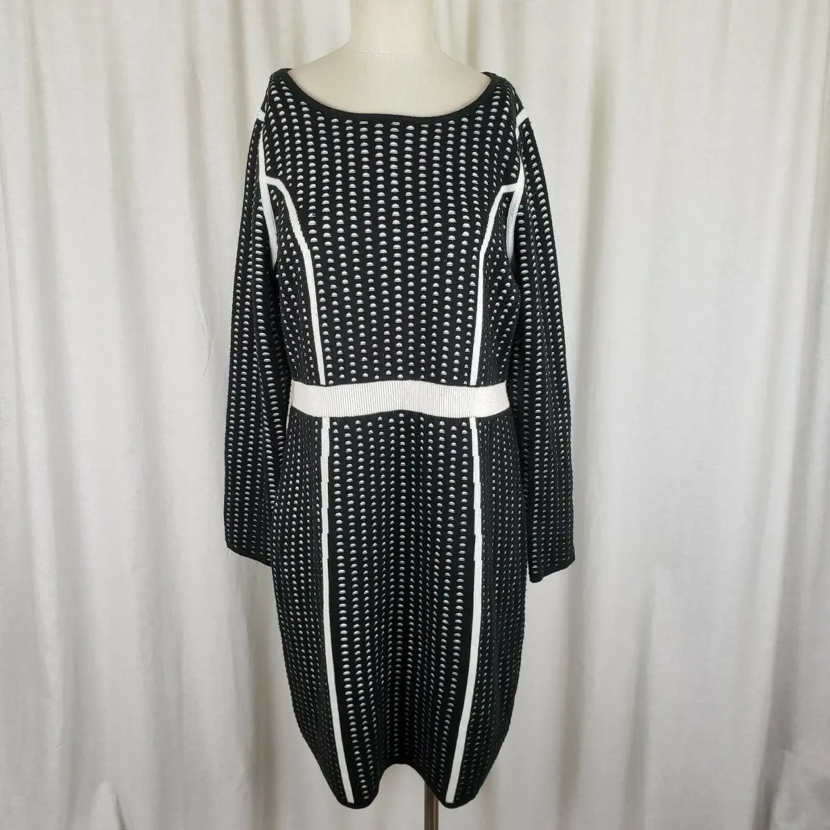 Calvin Klein Eggshell Geometric Contrast Trim Mini Knit Sweater Dress Women Xl 1
