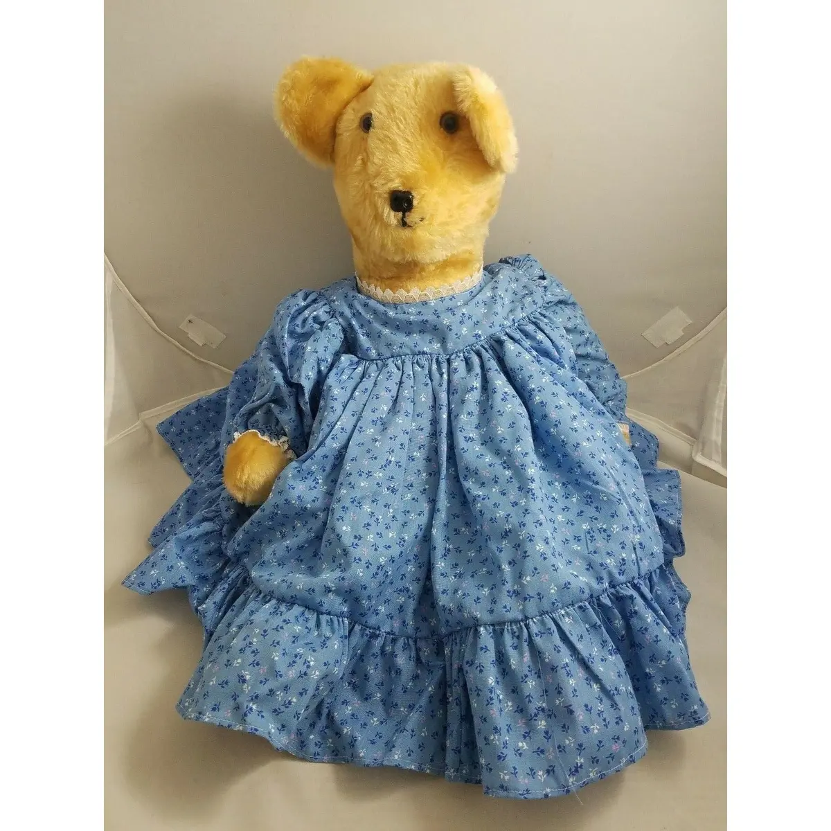 Vintage 1970S Plush Stuffed Blonde Teddy Bear In Blue Calico Dress Petticoat 26" 1