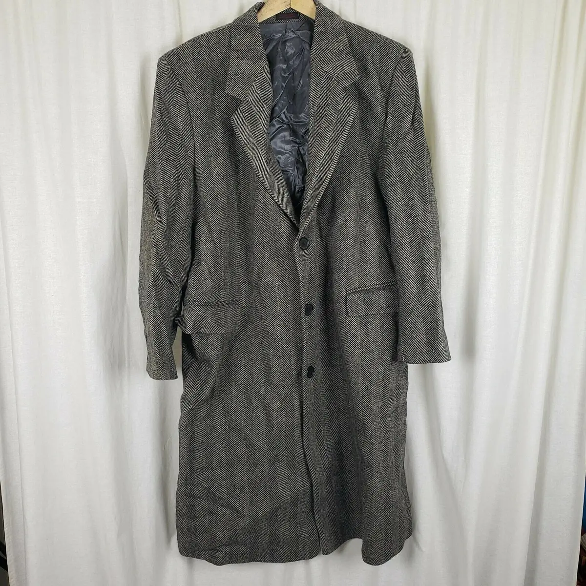 Vintage Black & White Herringbone Tweed Wool Peacoat Mens L Over Top Coat 1