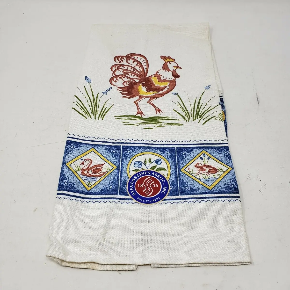 Vintage Stevens Rooster Rabbits Swan Flowers Woven 100% Linen Dish Tea Towel Nos 1