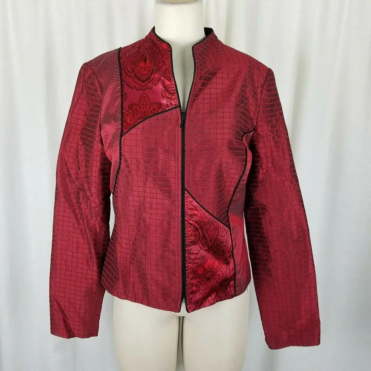 Canvasbacks Metallic Silk Sheen Zip Up Blazer Jacket Womens 8 Textured Patchwork 1