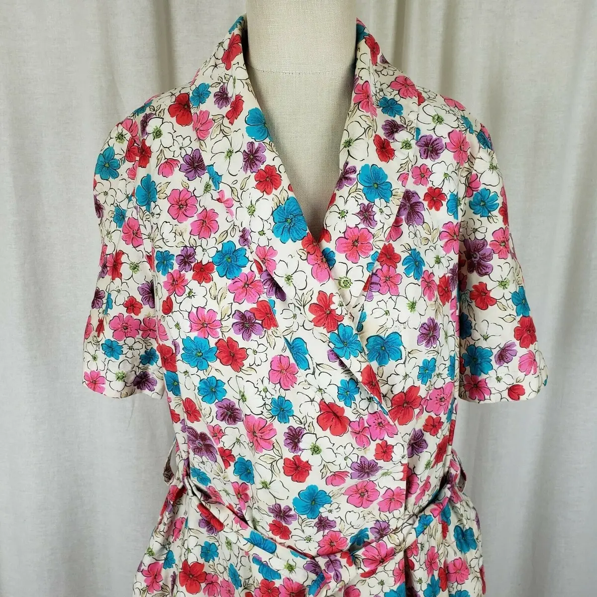 Vintage Handmade Wrap Dress Womens L Xl Floral Cotton Belted Tie Shawl Collar 2