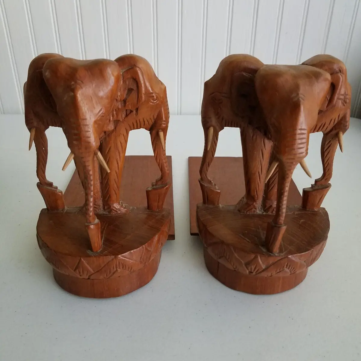 Set Of Vintage Folding Elephant Bookends Carved Wood Siam Folk Art Tri 3 Triple 1