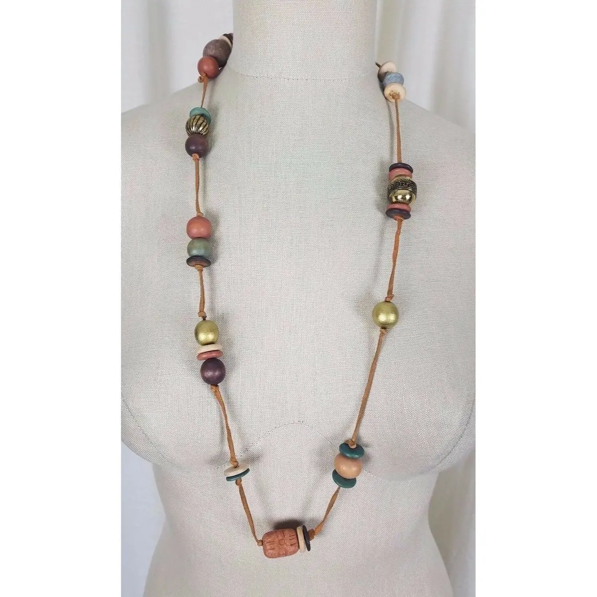 African Bohemian Hippie Artisan Clay Beaded Leather Strand Necklace Jewelry 1