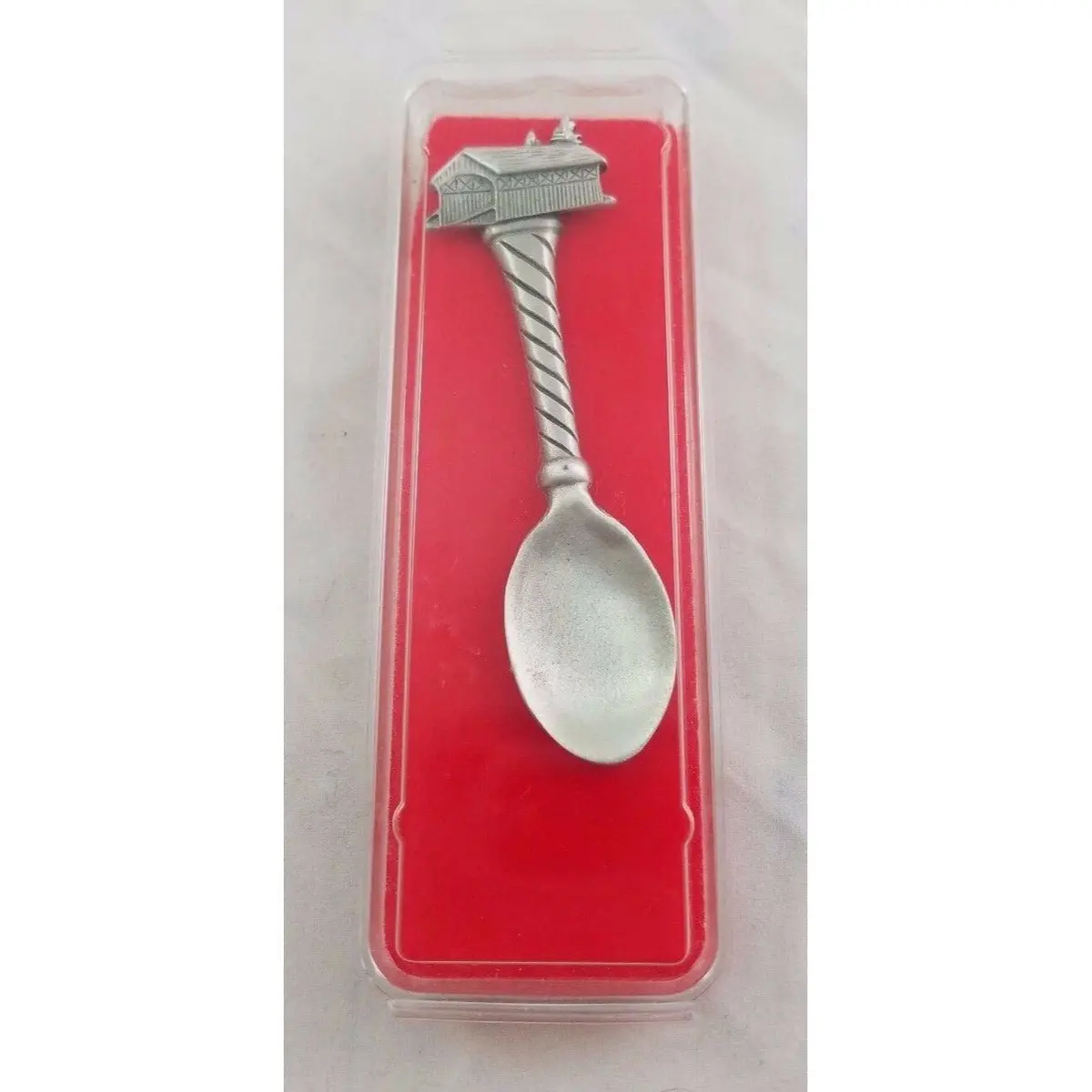 Miniature Decorative Souvenir Pewter Spoons Covered Bridge New England Silver 1