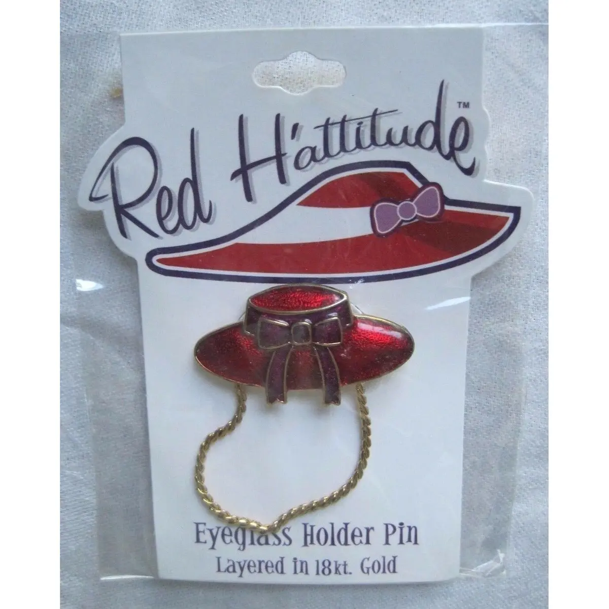 Red Hattitude Hat Society Eyeglass Holder Pin Brooch 18 Kt Gold Finish Brim Bow 1