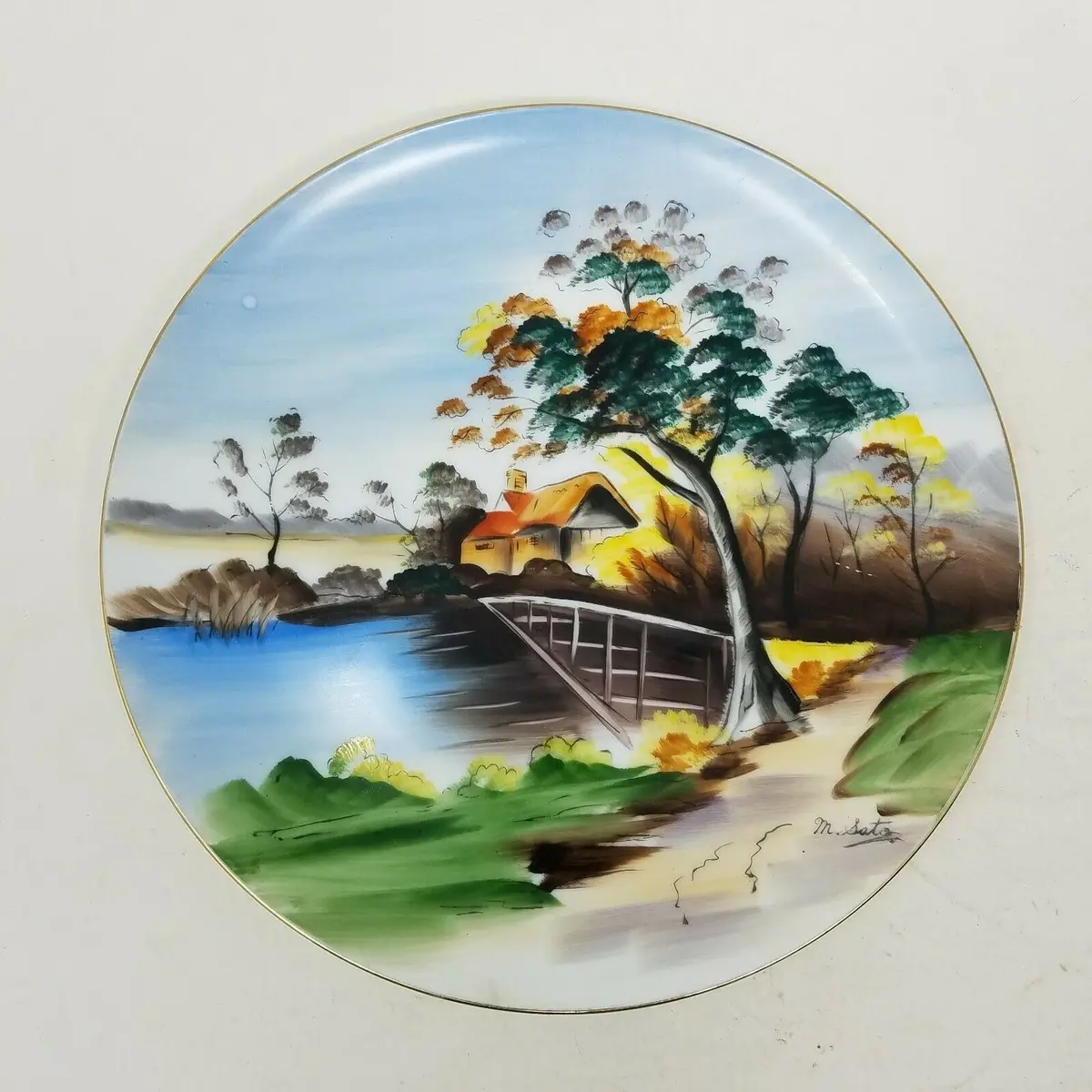 M. Sato Decorative Plate Entirely Handpainted Castle Lake Print Vintage 10.5 In 1