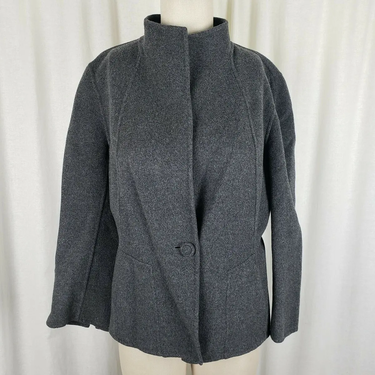 Talbots Wool Funnel Neck Single Button Blazer Jacket Womens 12 Charcoal Gray 1