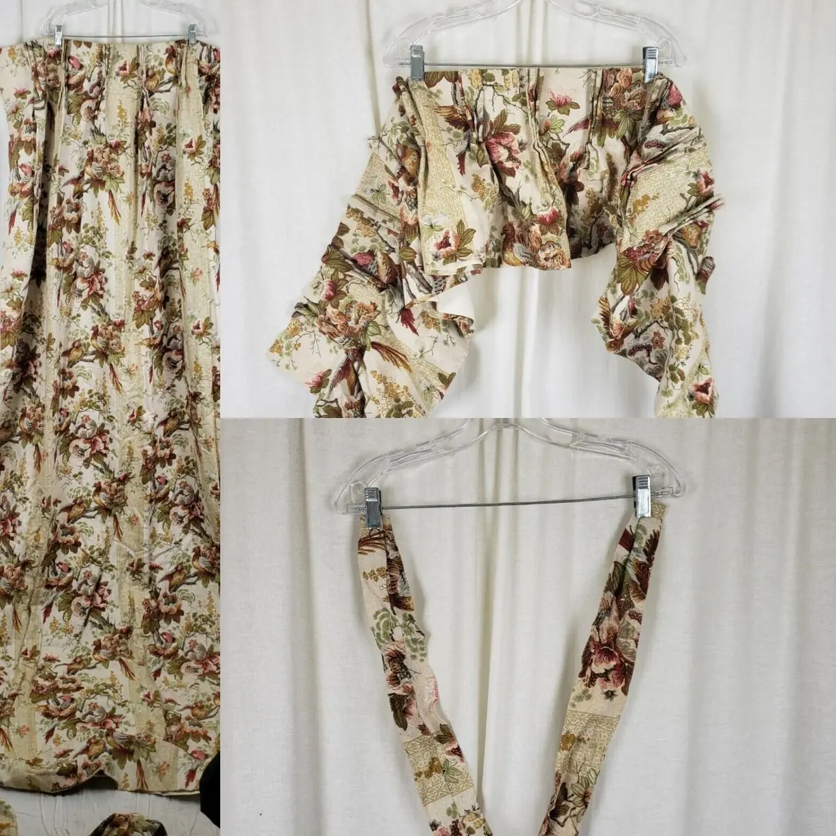 Vintage 70S Floral Birds Colonial Pinch Top Curtains Panels Valance Tie Backs 1