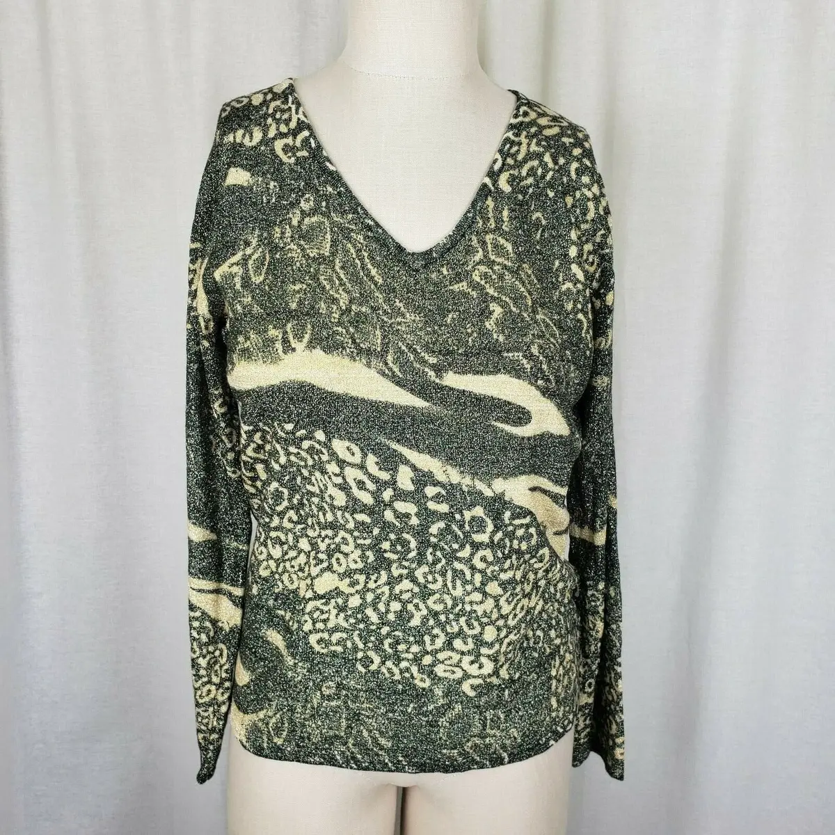Nwt Pierri New York Lightweight Knit Sweater Gold Metallic Animal Print Womens 1