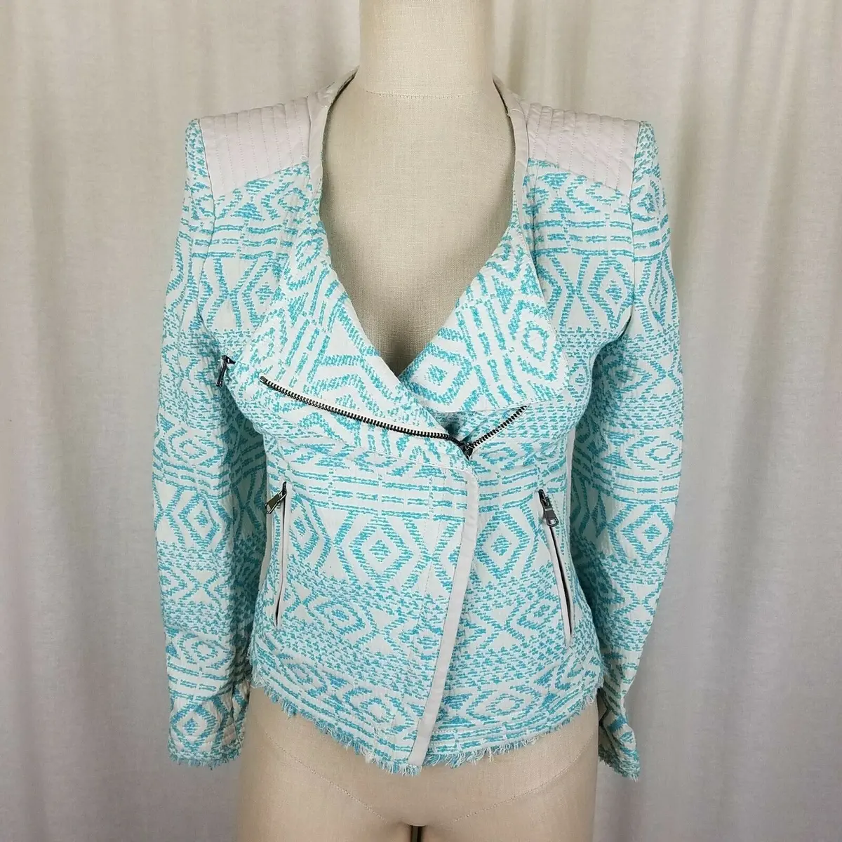 Trafaluc Zara Aztec Side Zip Up Raw Fringe Padded Shoulders Jacket Womens S Blue 1