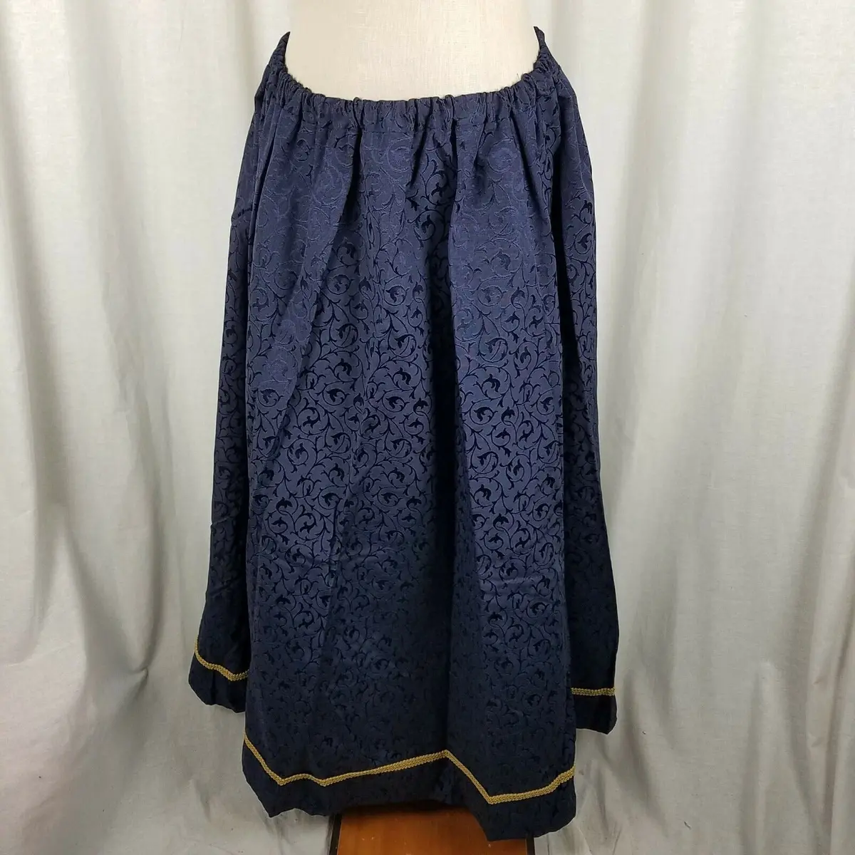 Handmade Vintage Long Maxi Jacquard Ribbon Trim Skirt Womens Xl Blue Sheen Gold 1