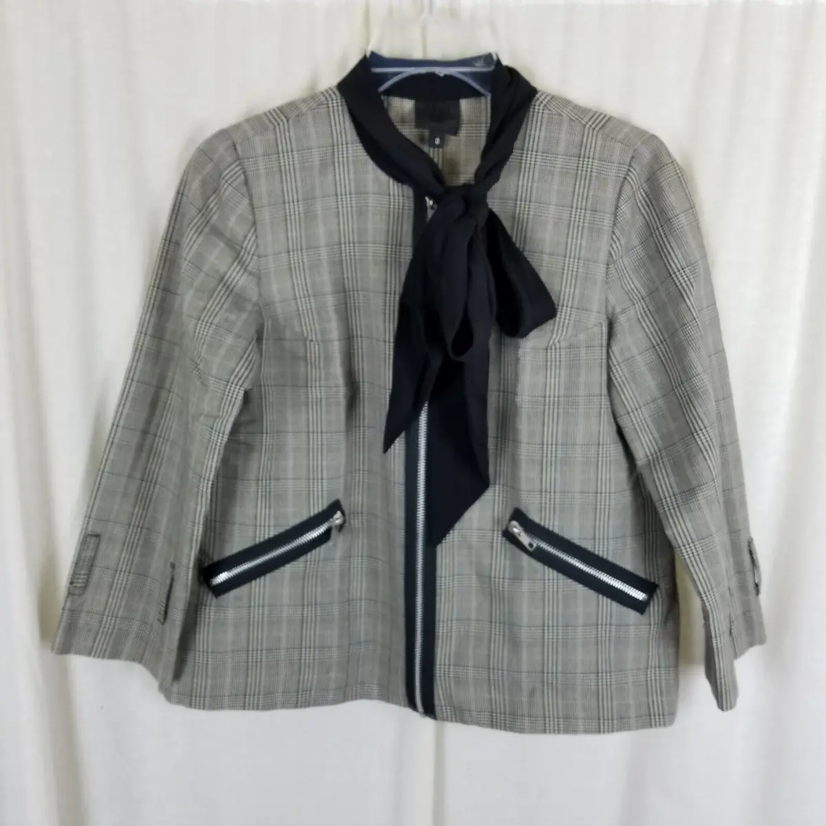Anna Sui Houndstooth Plaid Cotton Bow Tie Blazer Jacket Womens 0 Black White Zip 1