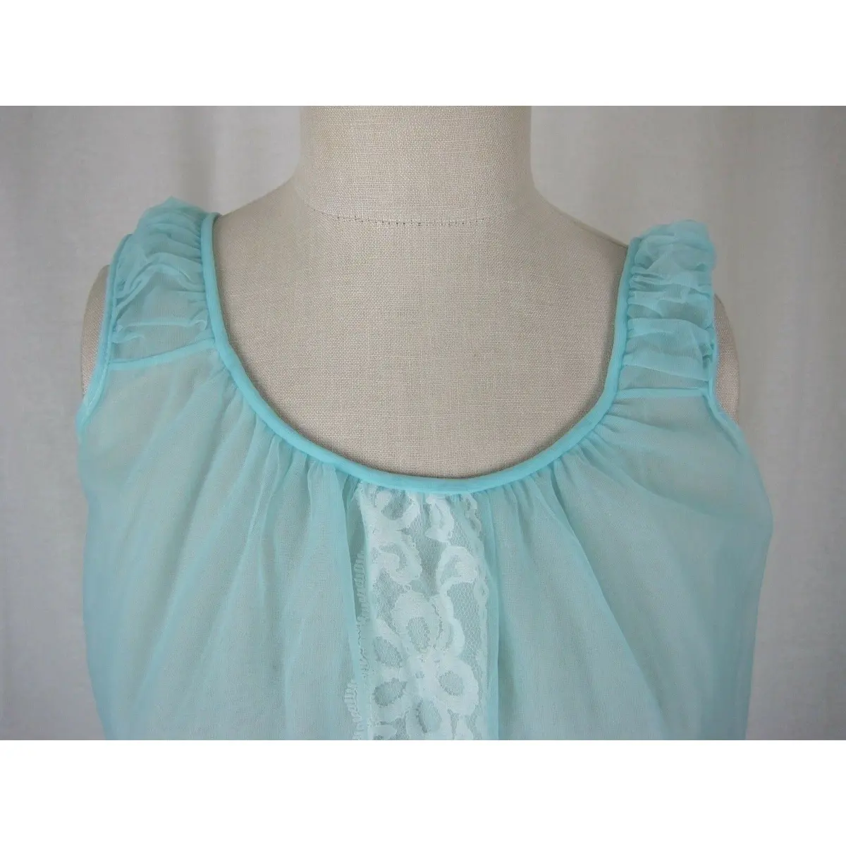 Vintage Mid Century Mod Sheer Lace Long Sleeveless Gown Atomic Blue Union Usa 1