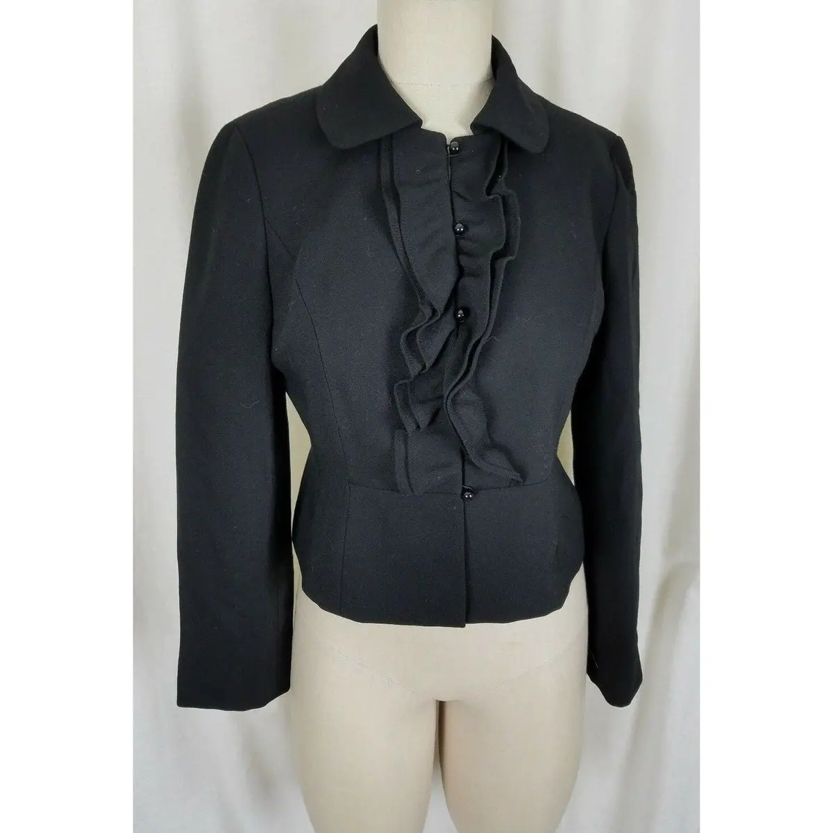 Ann Taylor Loft Petites Cropped Ruffled Tailored Black Wool Jacket Womens Sz 6P 1