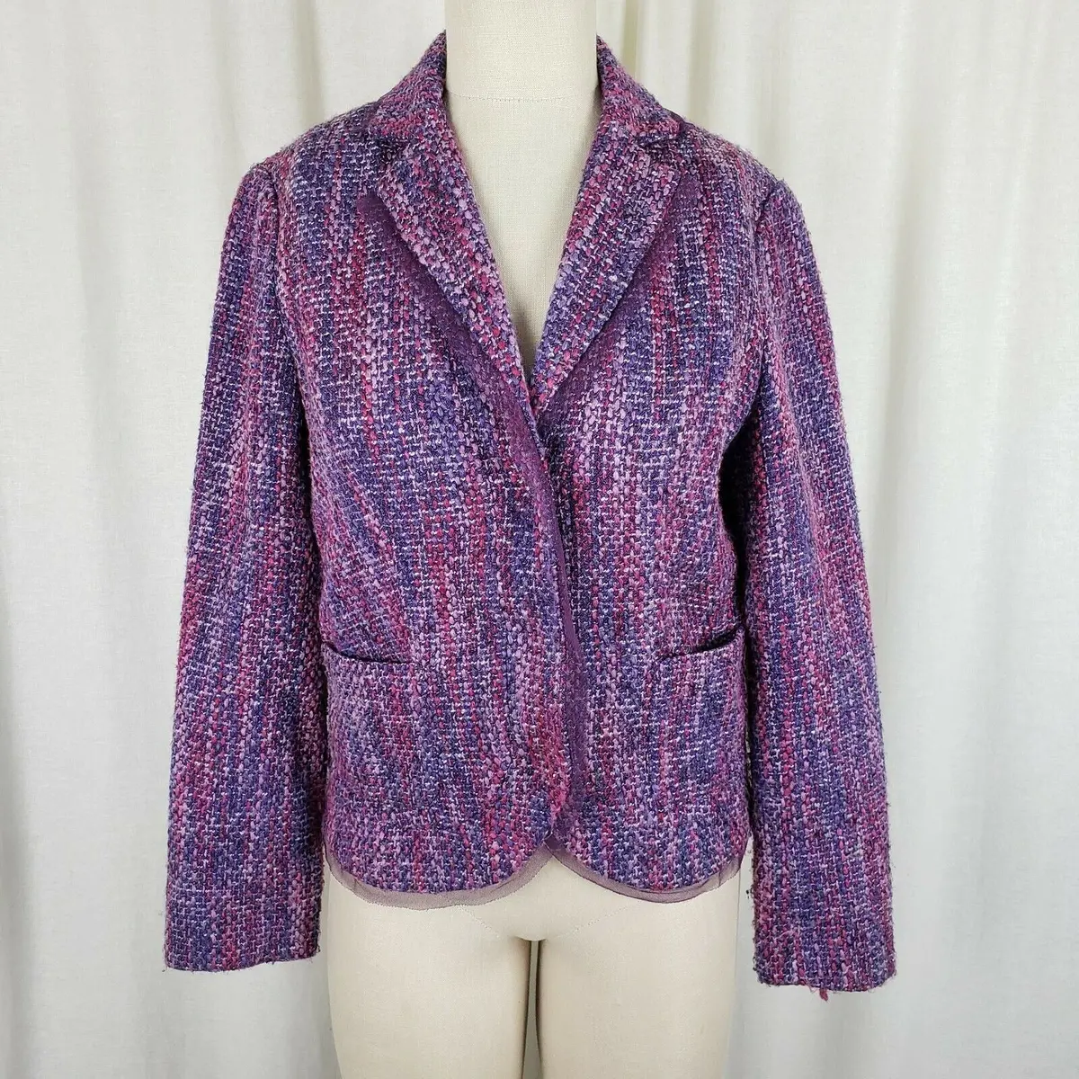 Coldwater Creek Woven Mottled Boucle Textured Blazer Jacket Womens Xs Tulle Trim 1