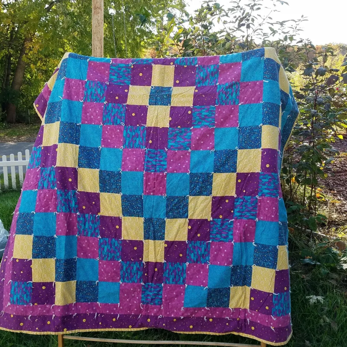 Vintage Handmade Trip Around The World Patchwork Quilt In A Day 82.5" X 59.5" 1