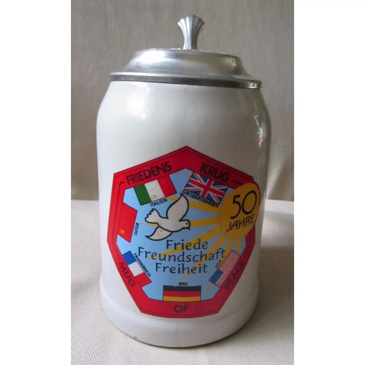 Friedens Krug Mug Of Peace 50 Jahre Years Ceramic Metal Stein 0.5L Flags Dove 1
