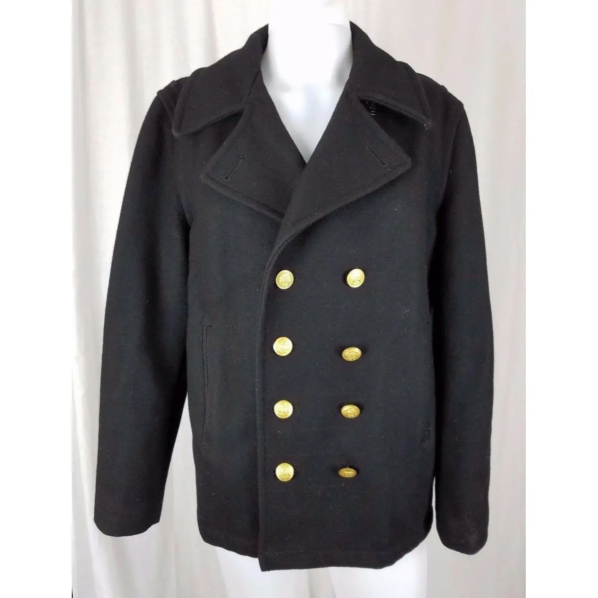 Spiewak Wool Double Breasted Peacoat Coat Mens M Maine Crest Gold Buttons Black 1