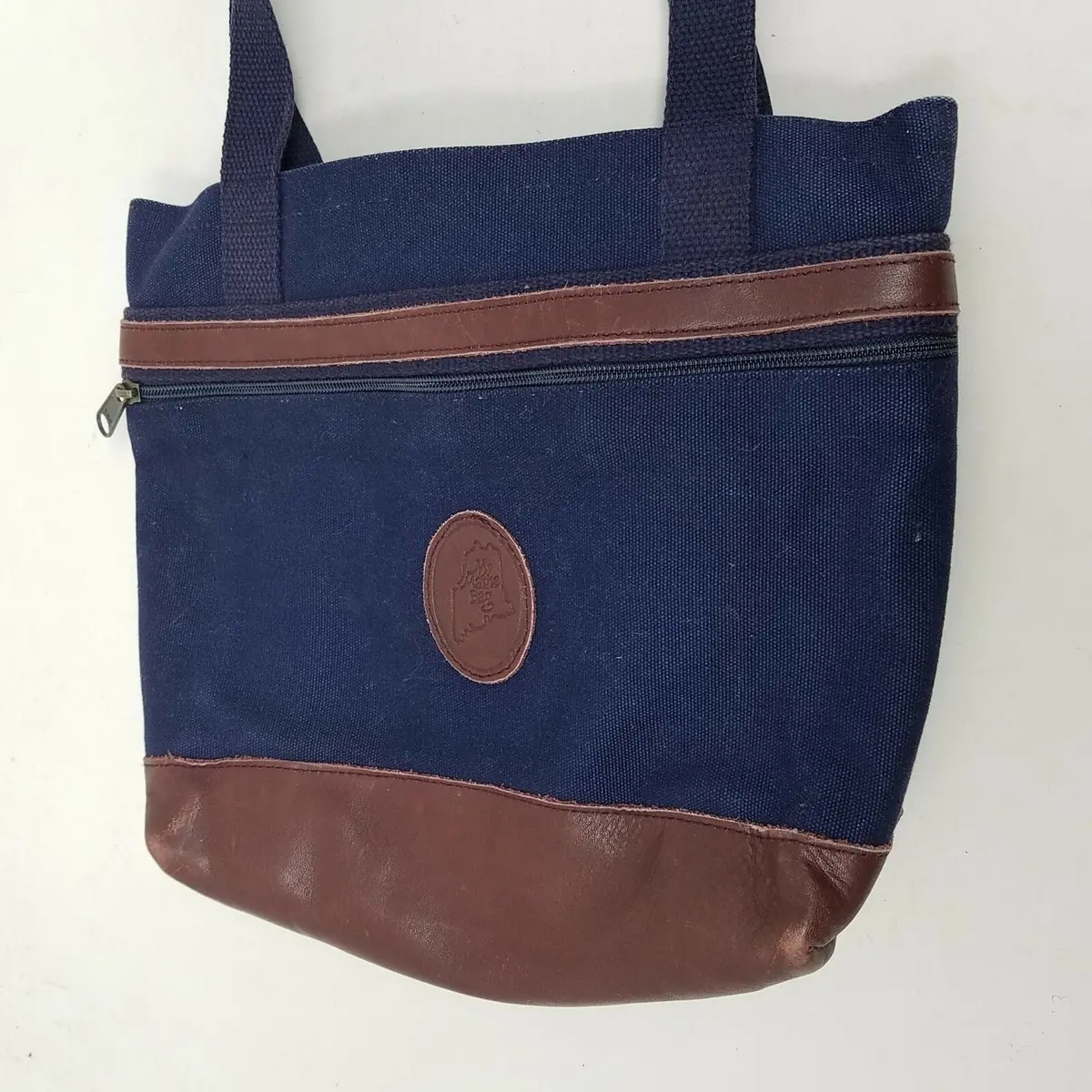 My Maine Bag Canvas Denim Blue Jean Tote Purse Shoulder Bag Brown Leather Trim 1