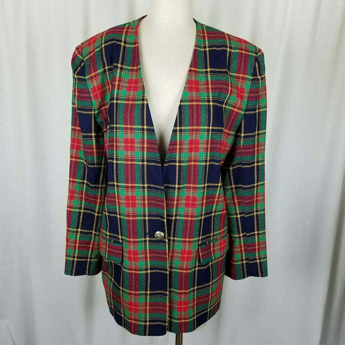 Chaus Tartan Scotch Plaid Wool Collarless Blazer Jacket Womens L Xl Vintage 80S 1