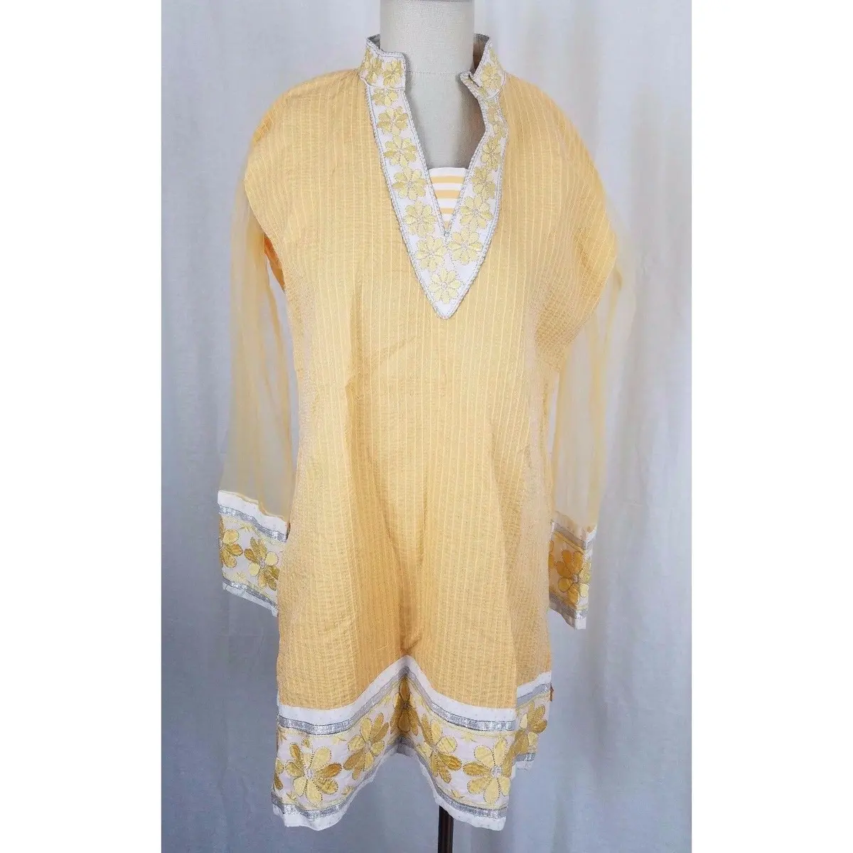 Vintage India Sheer Seersucker Tunic Sari Jacket Top Embroidered Trim Womens Xl 1