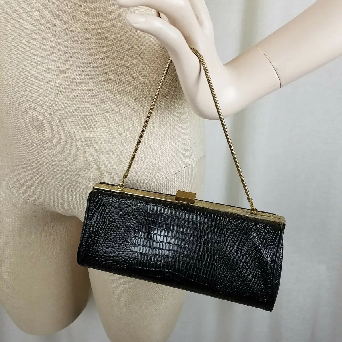 Vintage 60S Faux Alligator Snakeskin Leather Hard Case Pillbox Purse Handbag Bag 1