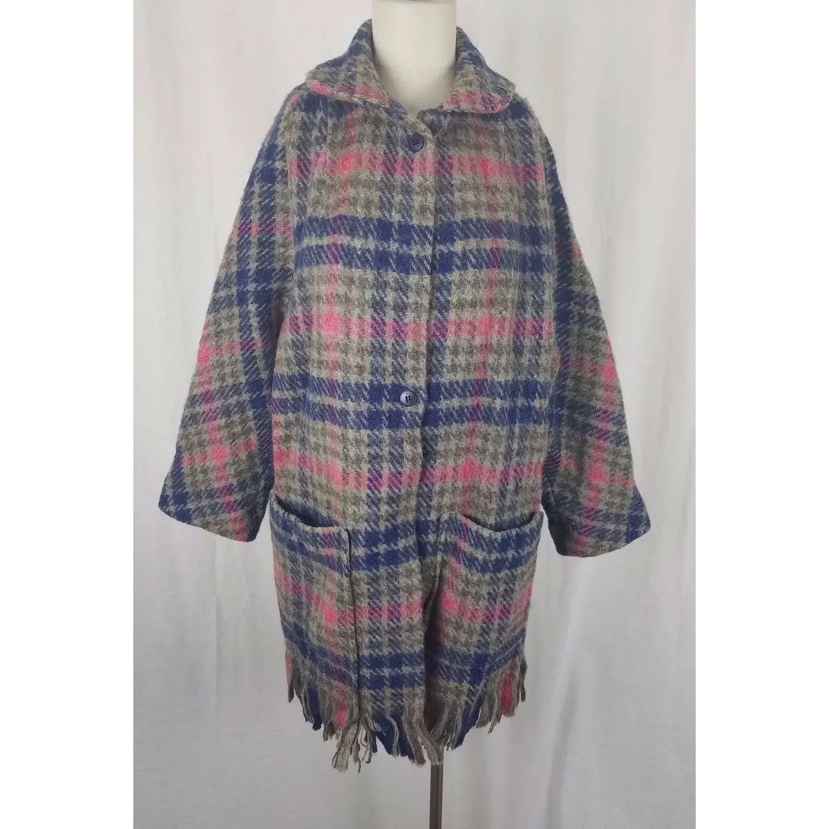 Macnaughtons Pitlochry Scotland Wool Plaid Fringed Woven Sweater Coat Womens M L 1