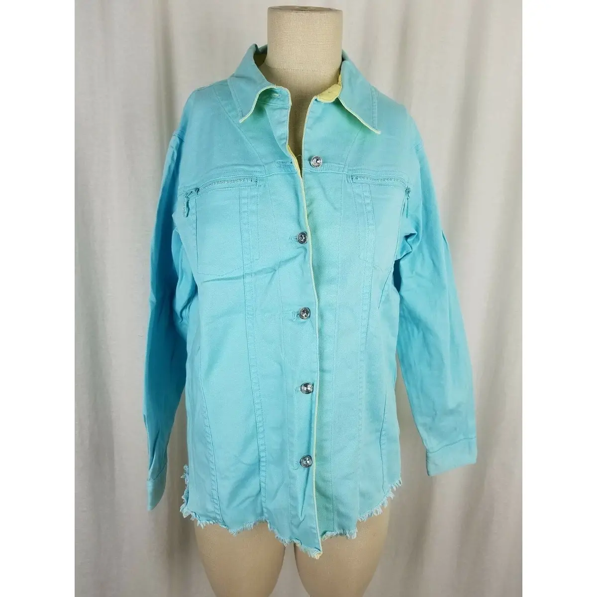 Quacker Factory Jeweled Deconstructed Chambray Blue Jean Shirt Jacket Womens M 1