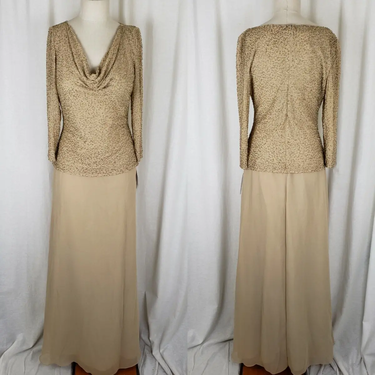 Lawrence Kazar Beaded Dress Drape Neck Long Maxi Womens 6 Formal Gown Gold Tan 1