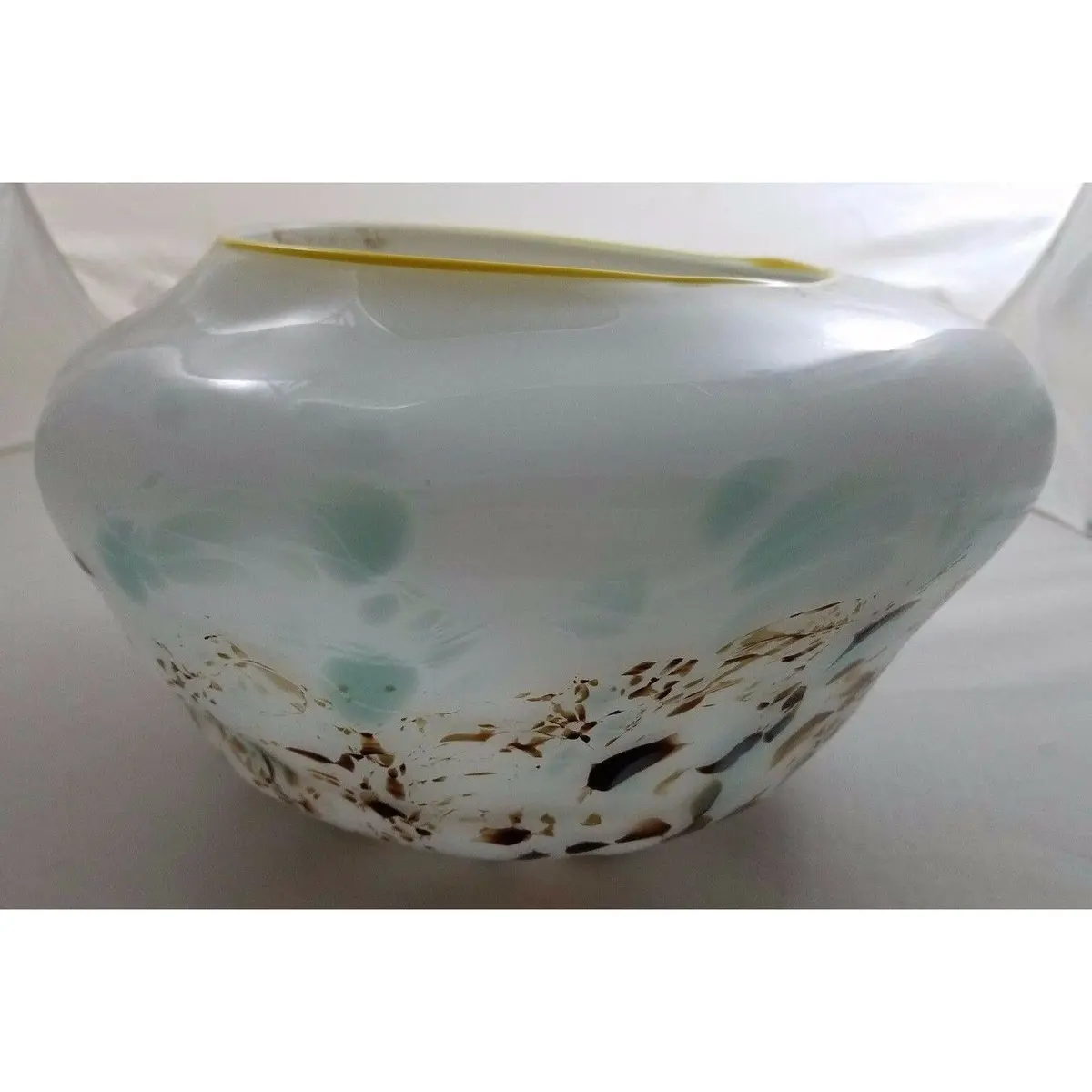 Hand Blown Glass Art Decorative Bowl Murano Style Weighted Blues Browns White 1