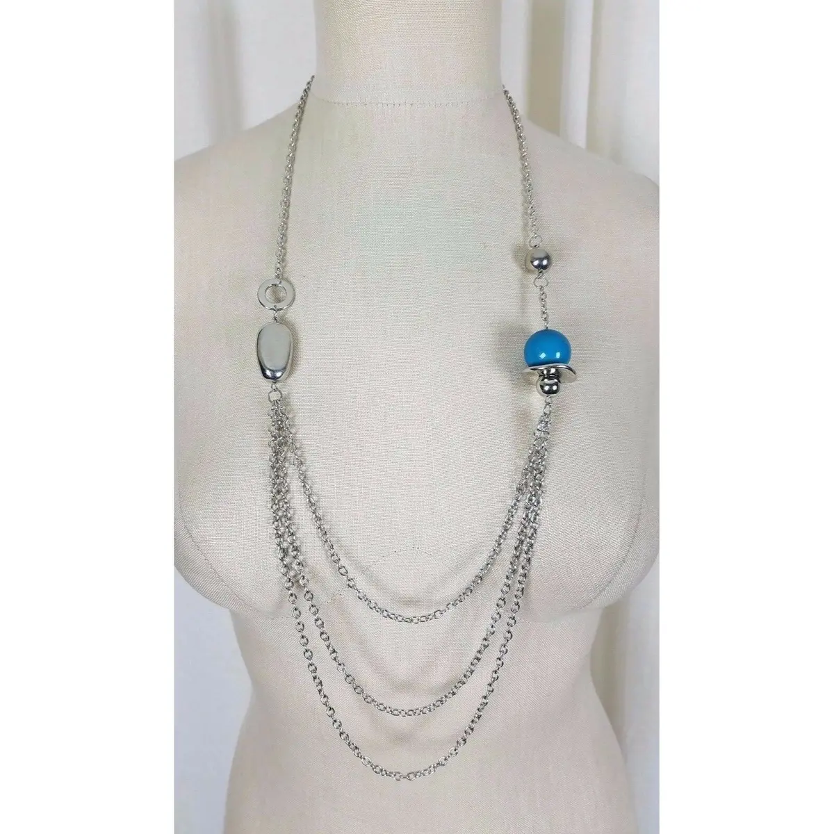 Multi Strand Metal Large Mixed Shape Beads Silver Turquoise Beaded Necklace 1