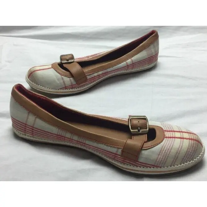 Dexter Plaid Cotton Canvas Leather Belted Buckle Ballet Flats Shoes Womens 5.5 1